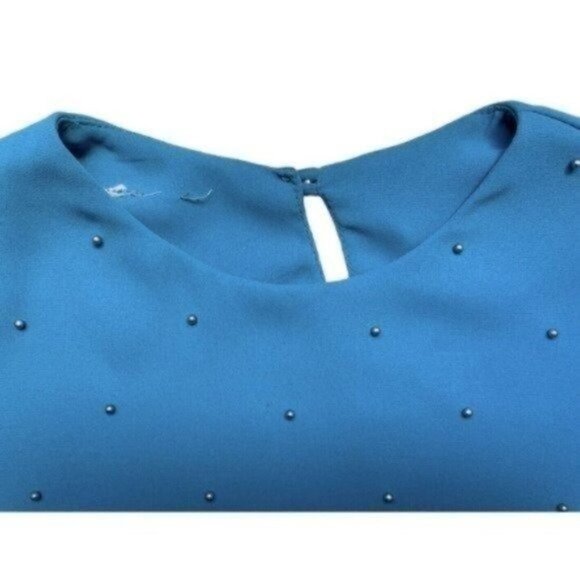 VTG 80s Balloon Long Sleeve Ruffle Midi Dress Blue Pearl Front Accent Women’s 10 - Picture 3 of 13